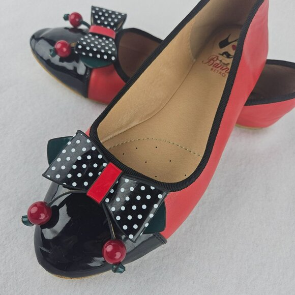 BANNED RETRO Cherry Bow Shoes Slip On Ballet Flats Womens 6.5 Rockabilly - Picture 1 of 9